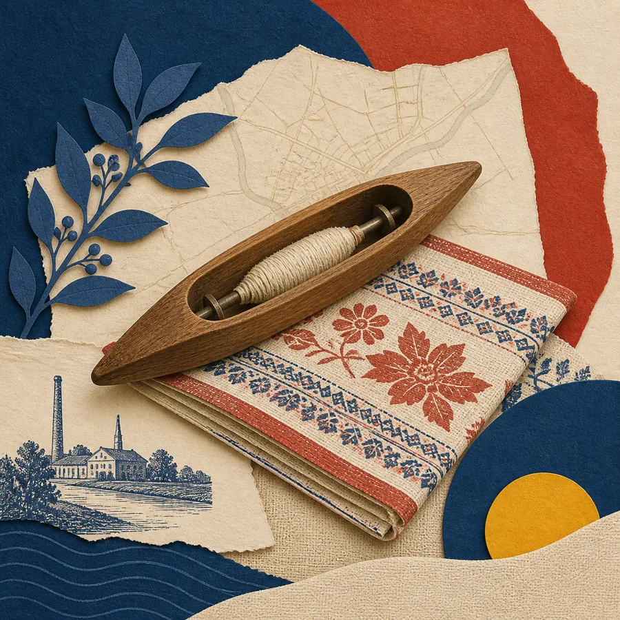 Ткацкий челнок, ткань и архивная карта в бумажной коллажной технике